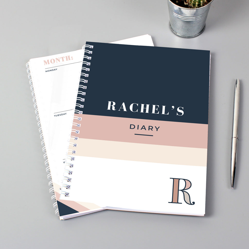 Personalised Free Text Navy & Blush A5 Diary - Buy Stationery & Pens at GiftMasters.co.uk