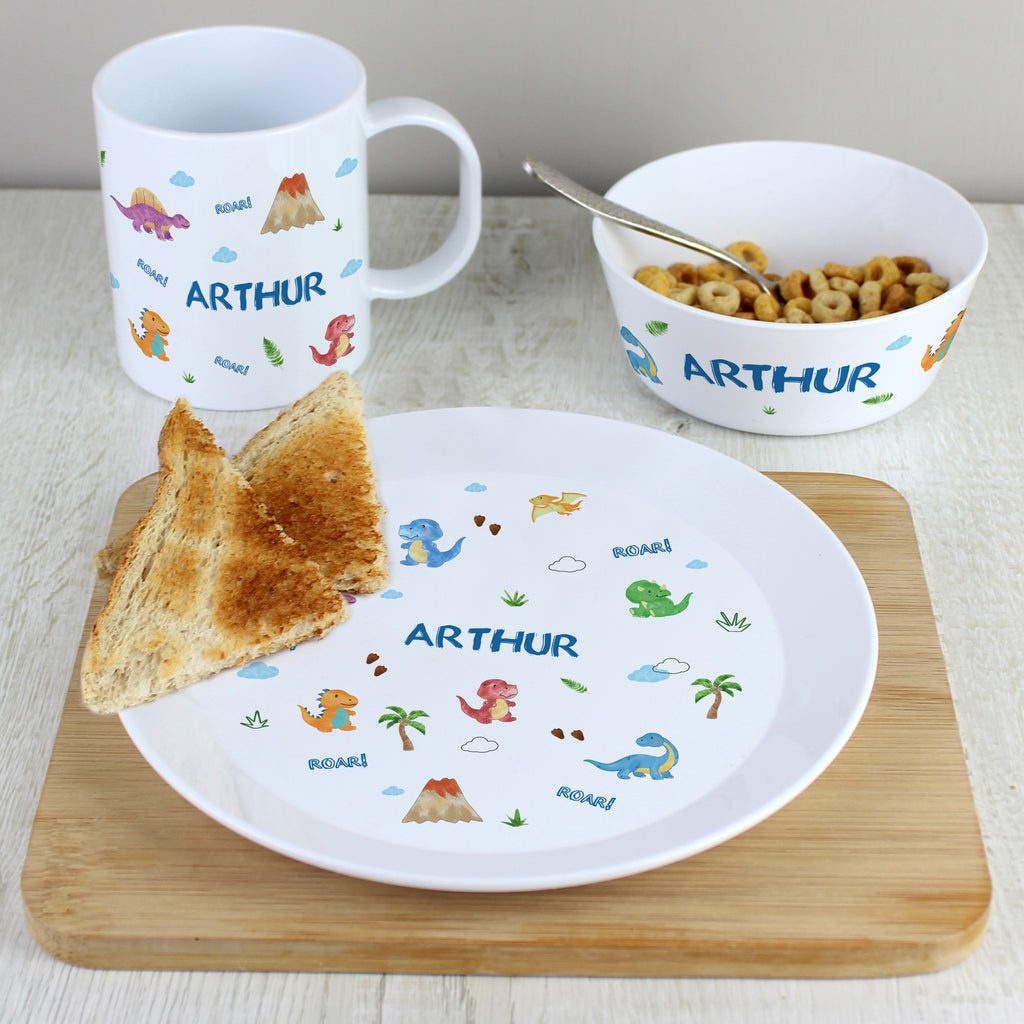Personalised Dinosaur Plastic Breakfast Set - Buy Mealtime Essentials at GiftMasters.co.uk