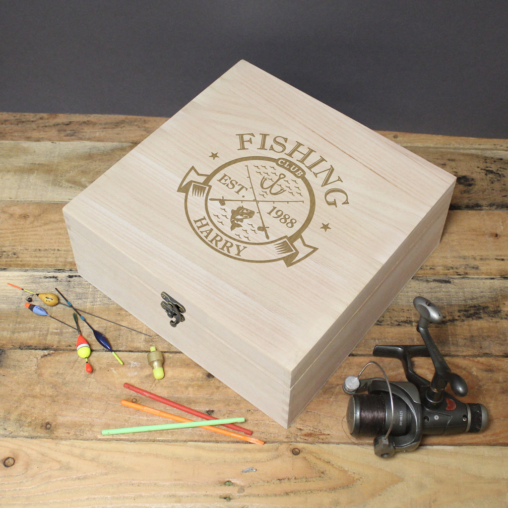 Personalised Fishing Club Wooden Keepsake Box - Buy Storage at GiftMasters.co.uk