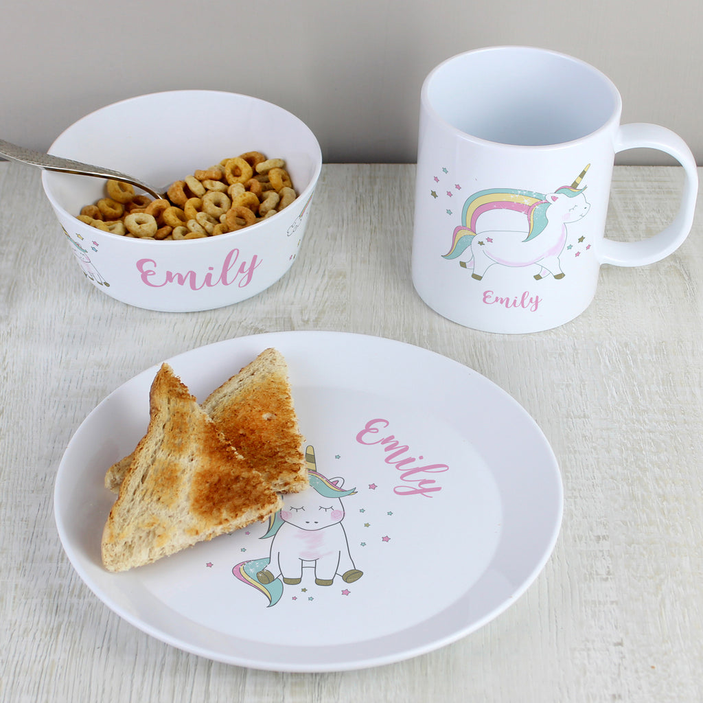 Personalised Unicorn Plastic Breakfast Set - Buy Mealtime Essentials at GiftMasters.co.uk