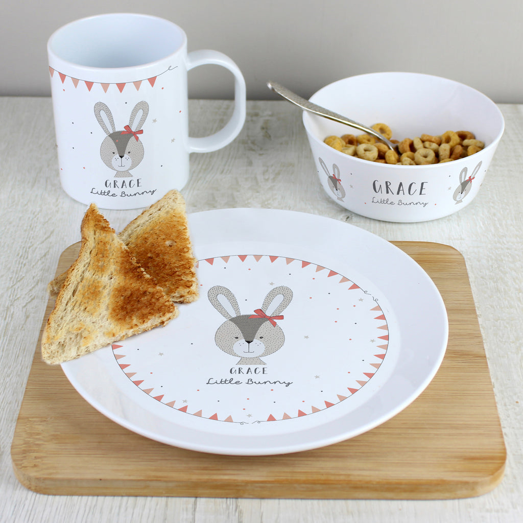 Personalised Little Bunny Pink Plastic Breakfast Set - Buy Mealtime Essentials at GiftMasters.co.uk