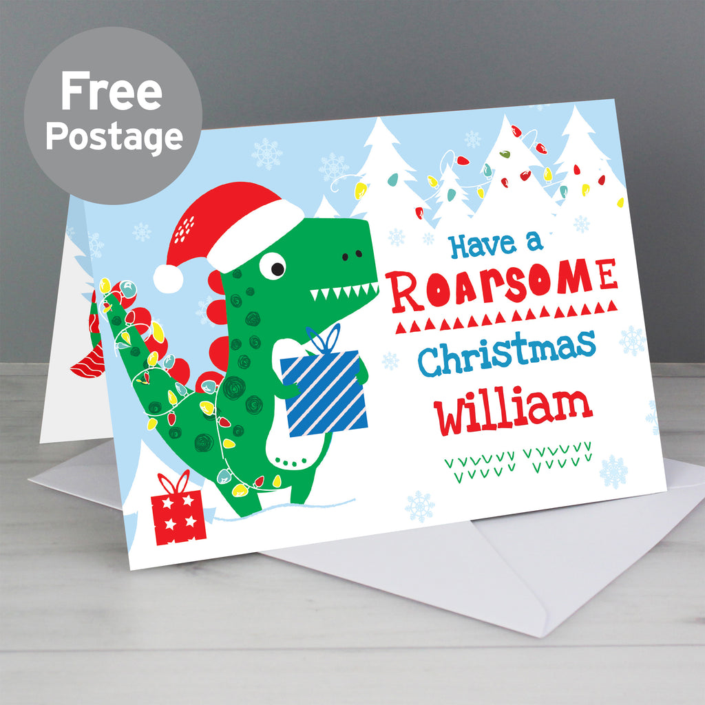 Personalised Dinosaur 'Have a Roarsome Christmas' Card - Buy Greetings Cards at GiftMasters.co.uk