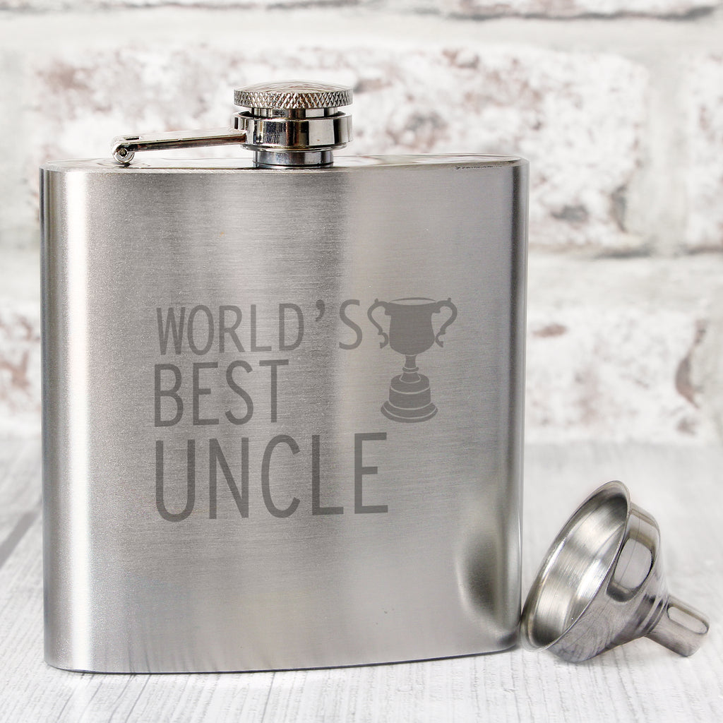 Worlds Best Uncle Hip Flask - Buy Glasses & Barware at GiftMasters.co.uk