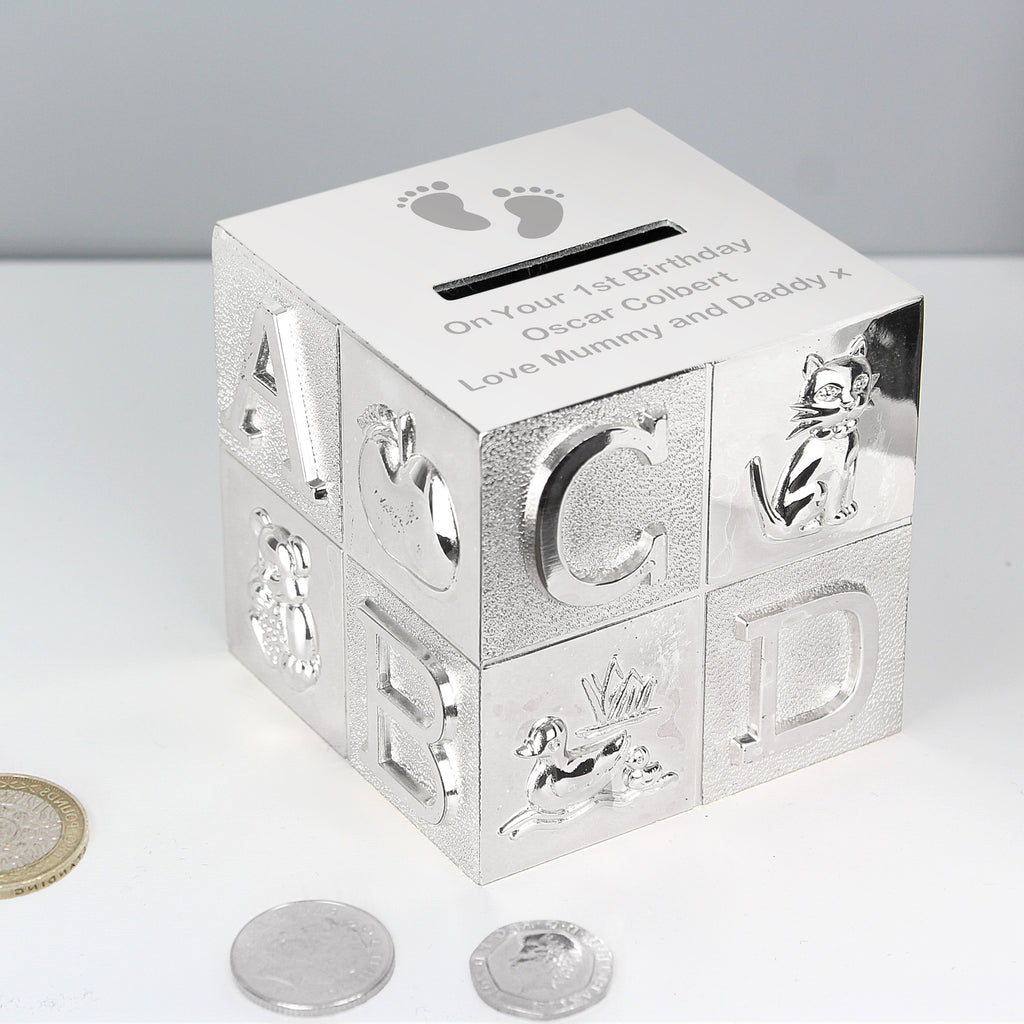 Personalised Footprints ABC Money Box - Buy Money Boxes at GiftMasters.co.uk