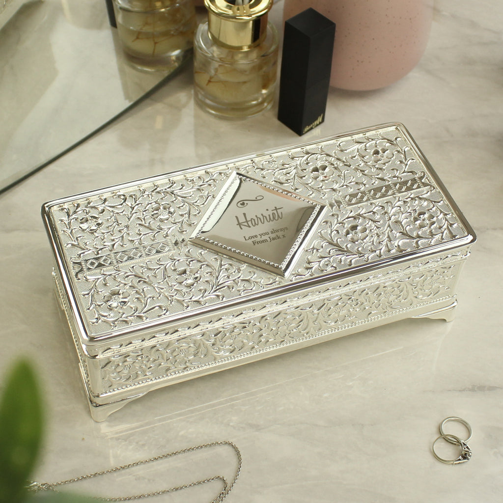 Personalised Swirls & Hearts Antique Silver Plated Jewellery Box - Buy Trinket, Jewellery & Keepsake Boxes at GiftMasters.co.uk