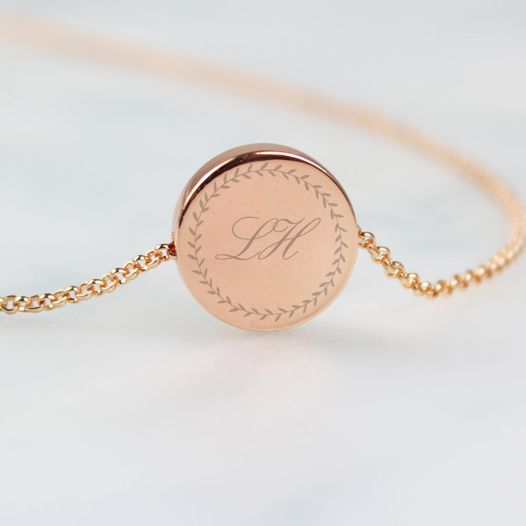 Personalised Wreath Initials Rose Gold Tone Disc Necklace - Buy Jewellery at GiftMasters.co.uk