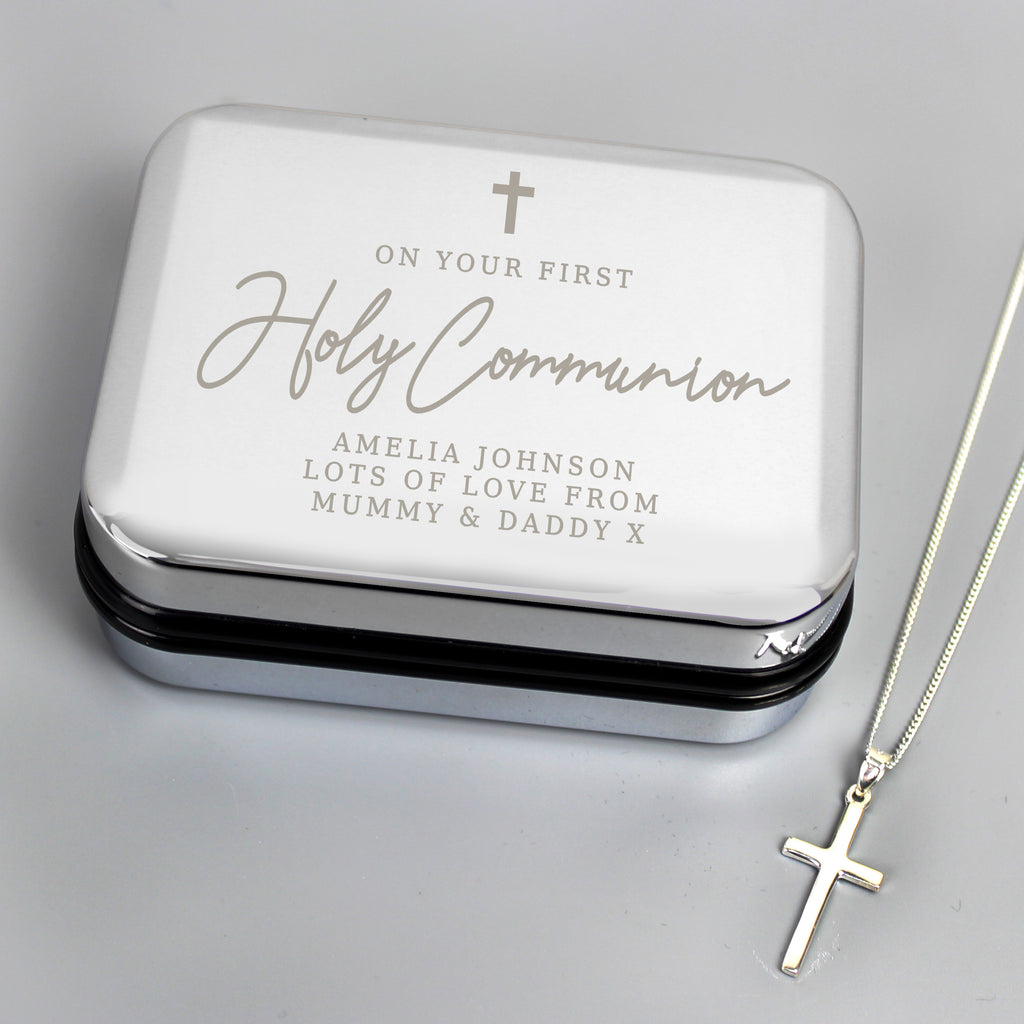 Personalised First Holy Communion Box & Cross Necklace Set - Buy Jewellery at GiftMasters.co.uk