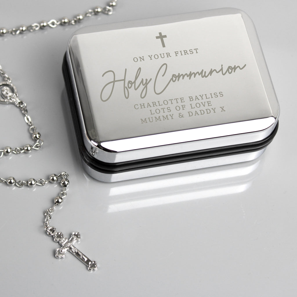Personalised First Holy Communion Rosary Beads and Cross Trinket Box - Buy Jewellery at GiftMasters.co.uk