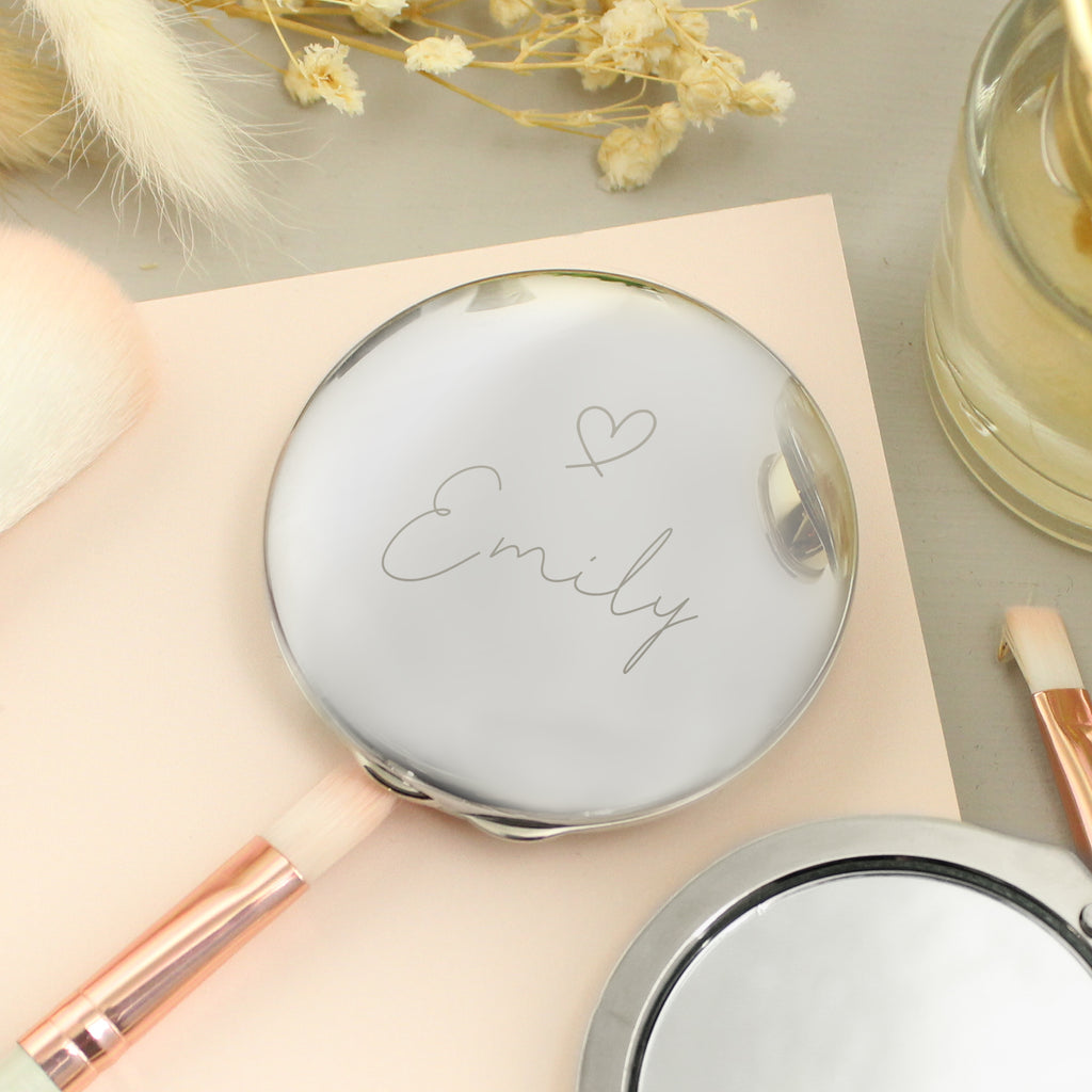 Personalised Silver Heart Motif Round Compact mirror - Buy Trinket, Jewellery & Keepsake Boxes at GiftMasters.co.uk