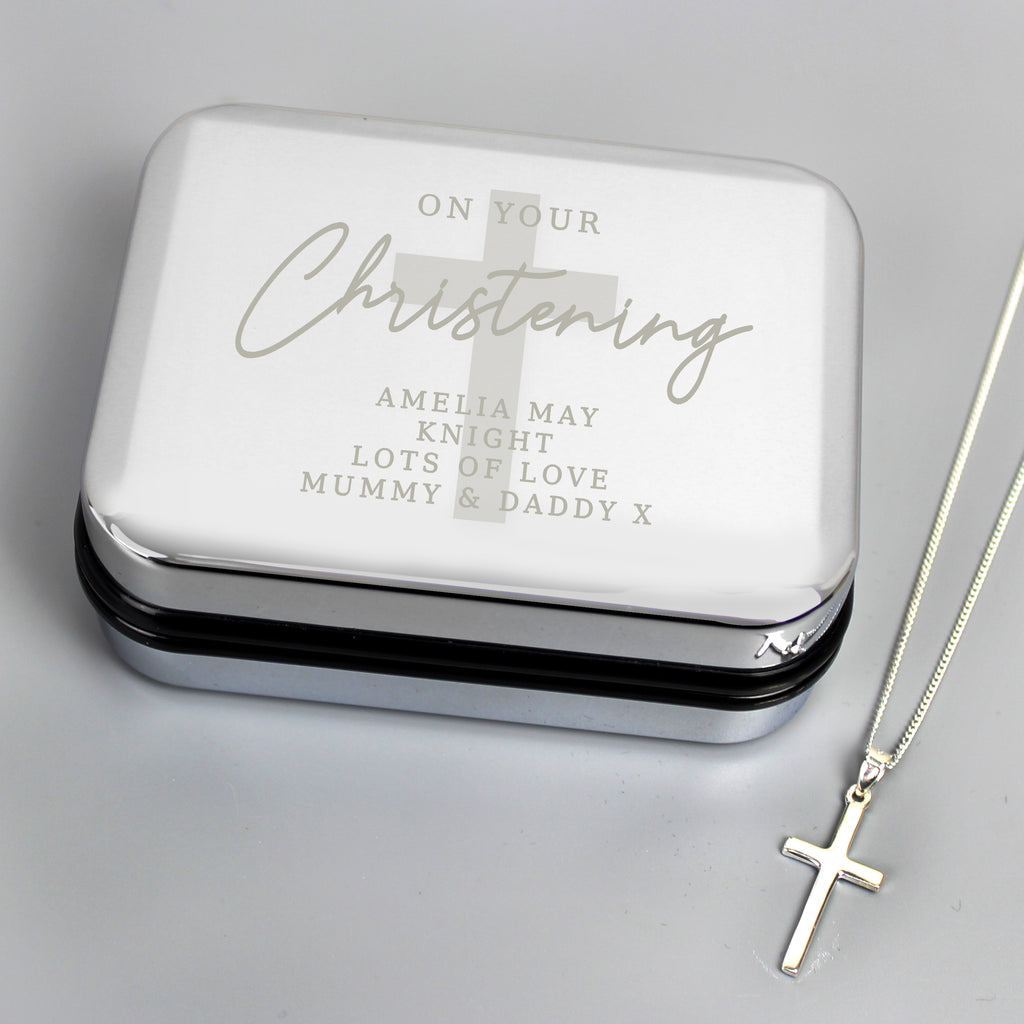 Personalised Christening Trinket Box & Sterling Silver Cross Necklace Set - Buy Jewellery at GiftMasters.co.uk