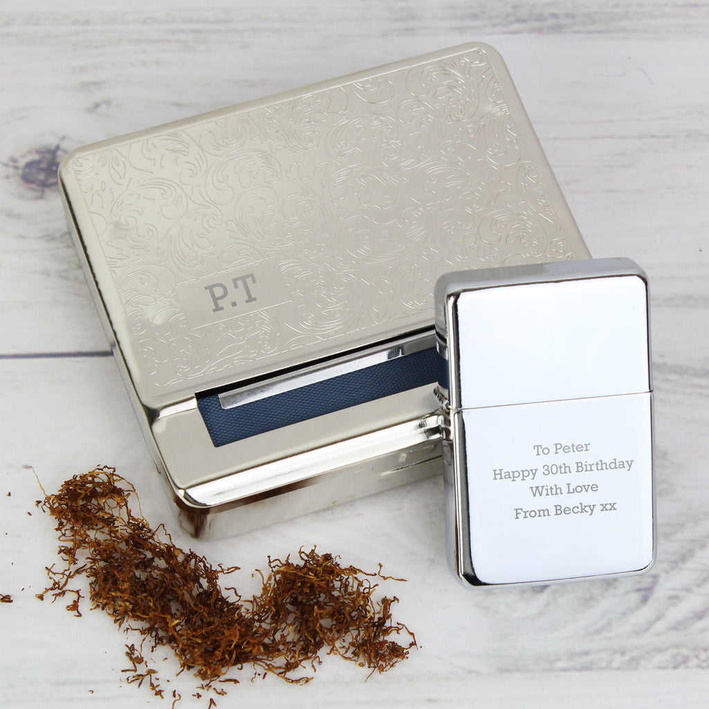 Personalised Tobacco Rolling Tin and Silver Lighter Set - Buy Keepsakes at GiftMasters.co.uk