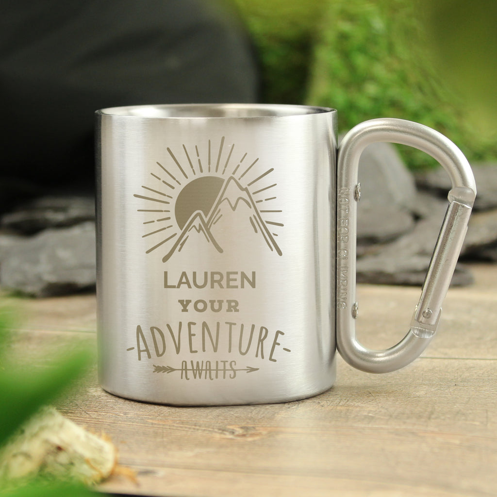 Personalised 'Adventure Awaits' Stainless Steel Mug - Buy Mugs at GiftMasters.co.uk