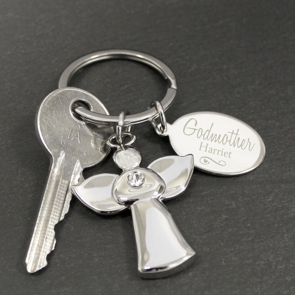 Personalised Silver Plated Swirls & Hearts Godmother Angel Keyring - Buy Keepsakes at GiftMasters.co.uk
