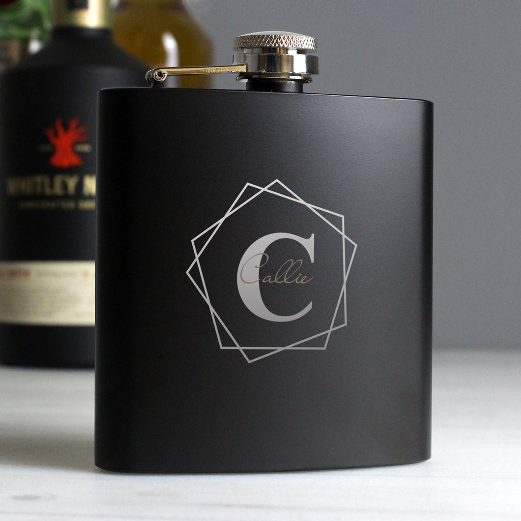 Personalised Geometric Initial Black Hip Flask - Buy Glasses & Barware at GiftMasters.co.uk