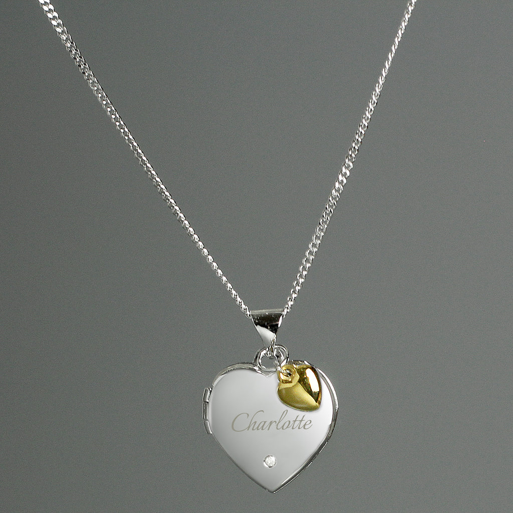 Personalised Sterling Silver Heart Locket Necklace with Diamond and 9ct Gold Charm - Buy Jewellery at GiftMasters.co.uk