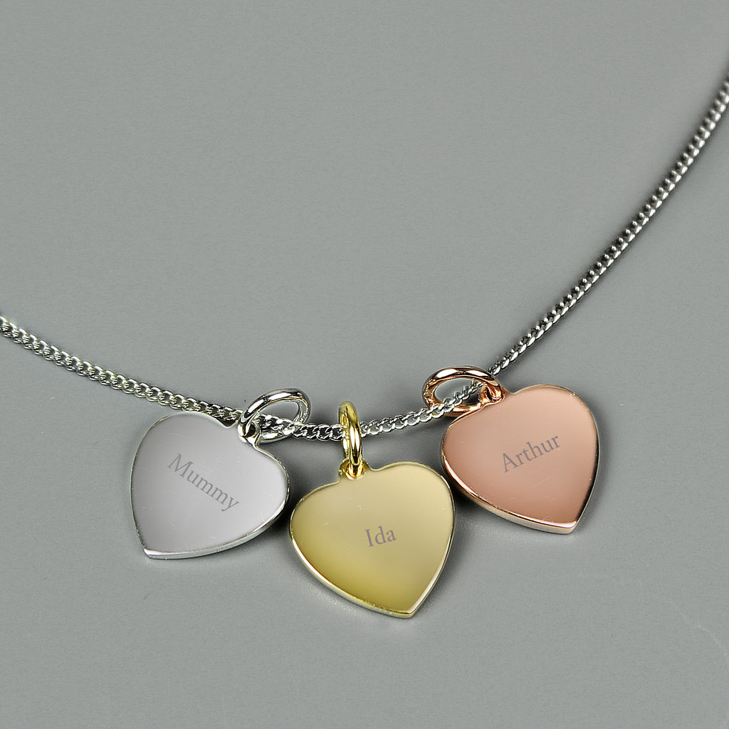 Personalised Names Gold Rose Gold and Silver 3 Hearts Necklace - Buy Jewellery at GiftMasters.co.uk
