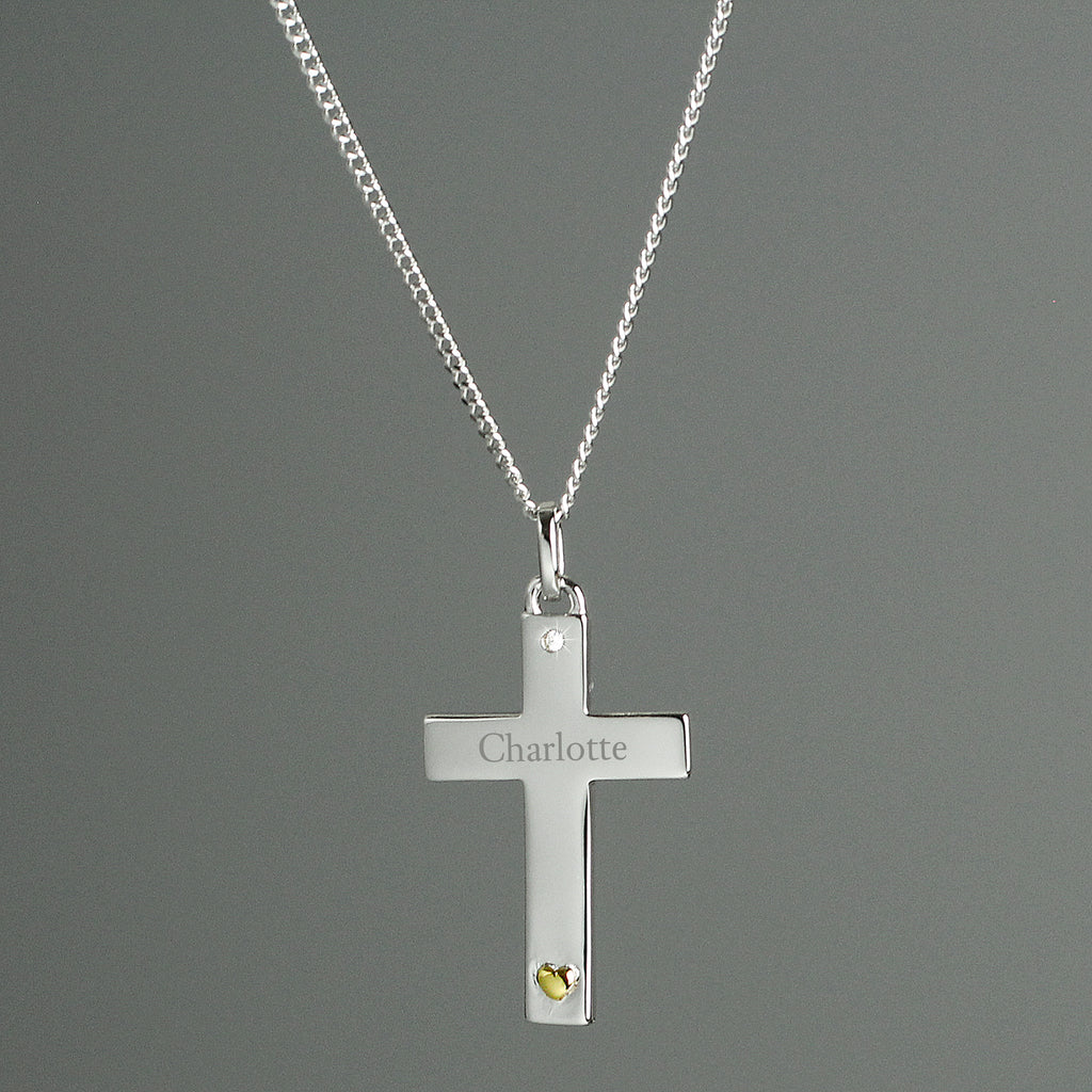 Personalised Sterling Silver Cross with 9ct Gold Heart & CZ Necklace - Buy Jewellery at GiftMasters.co.uk