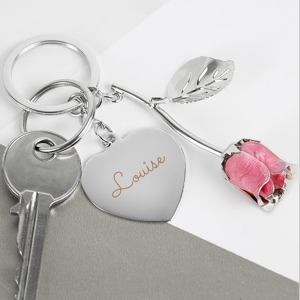 Personalised Silver Plated Name Pink Rose Keyring - Buy Keepsakes at GiftMasters.co.uk