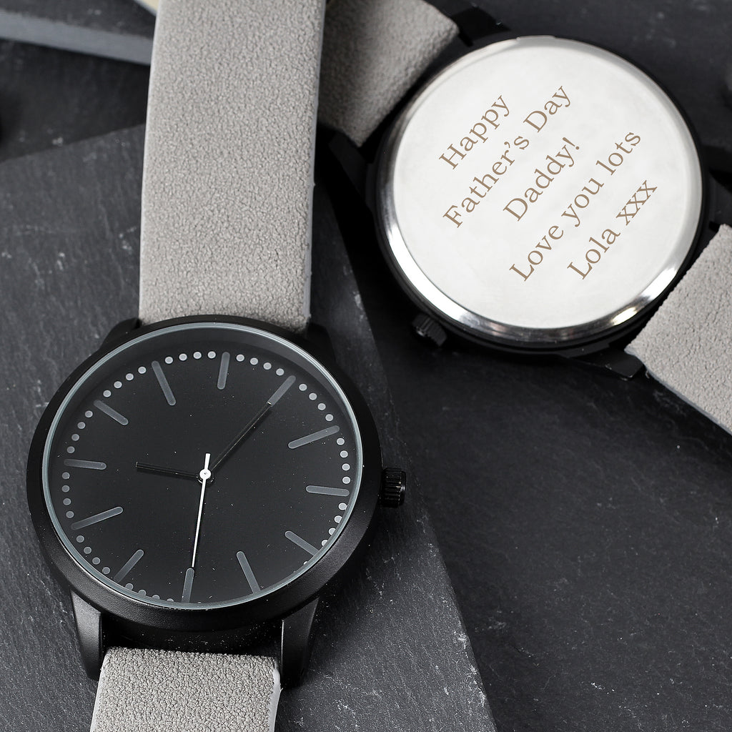 Personalised Mens Matte Black Watch with Grey Strap and Presentation Box - Buy Clocks & Watches at GiftMasters.co.uk