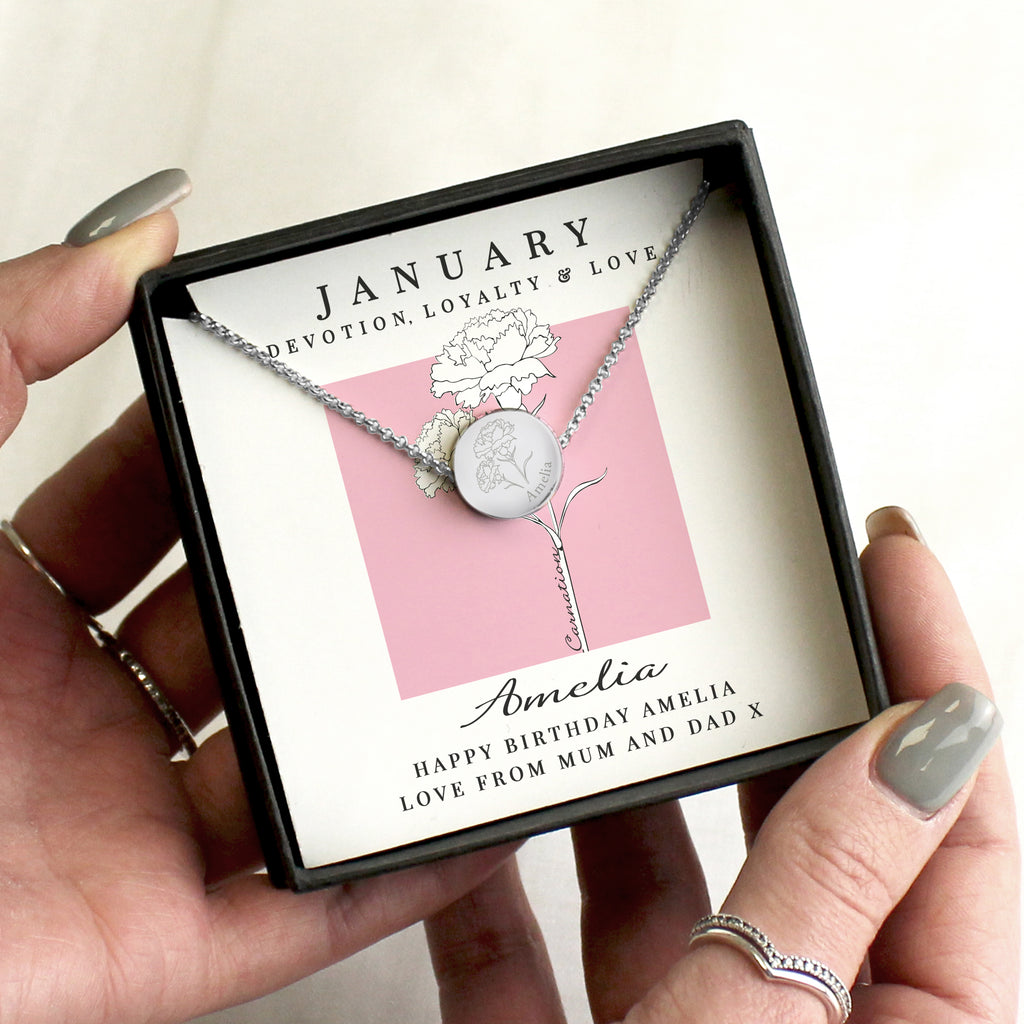 Personalised January Birth Flower Necklace and Box - Buy Jewellery at GiftMasters.co.uk