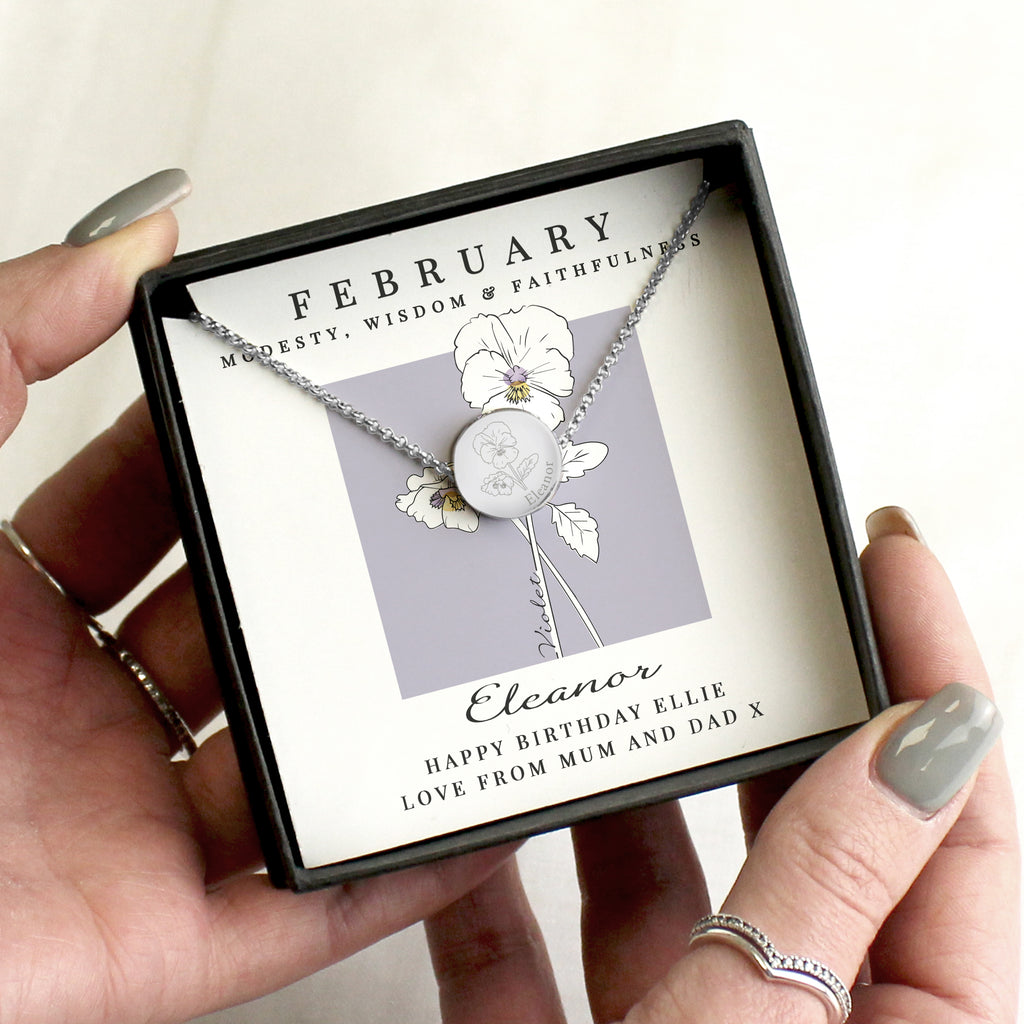 Personalised February Birth Flower Necklace and Box - Buy Jewellery at GiftMasters.co.uk