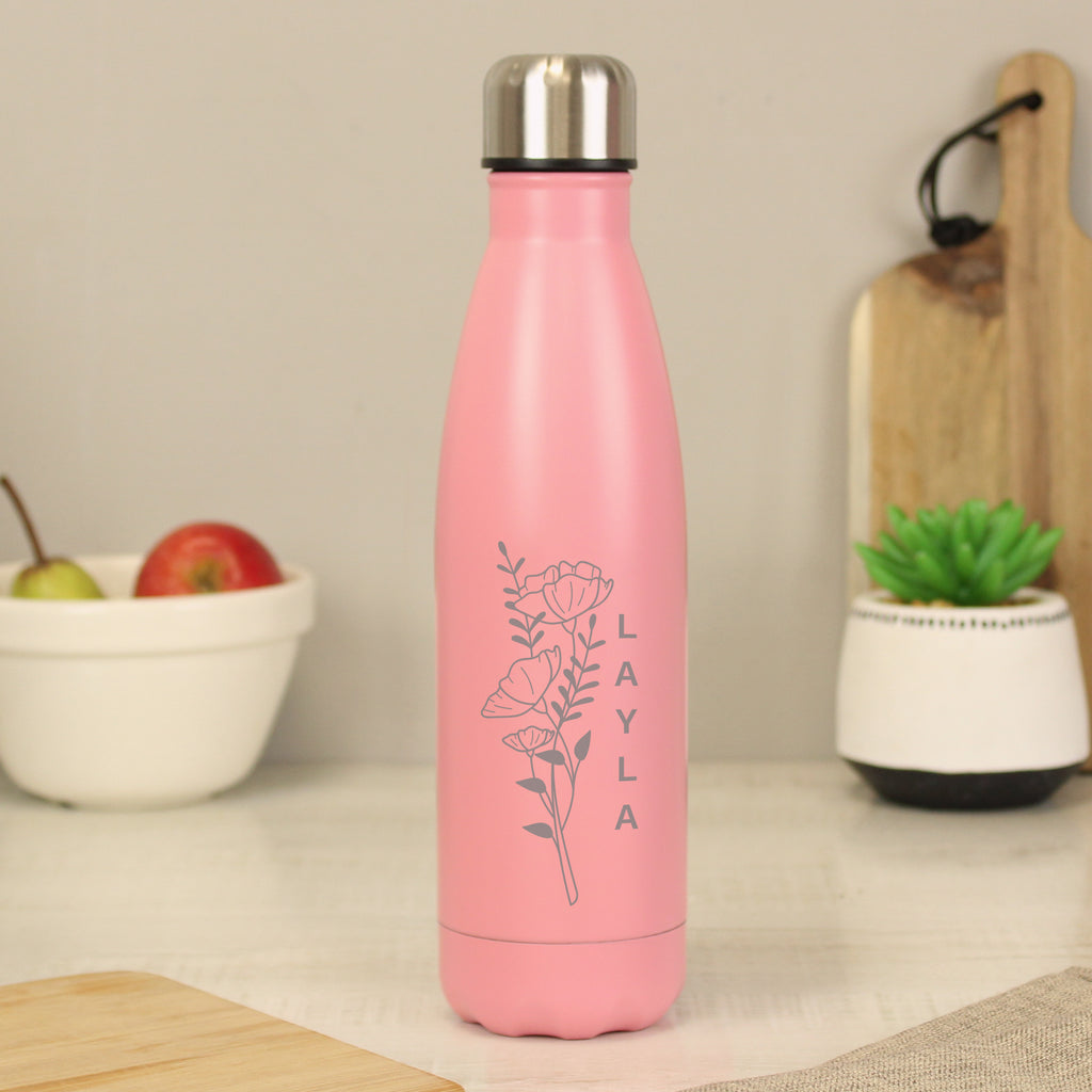 Personalised Floral Pink Metal Insulated Drinks Bottle - Buy Drinks Bottles at GiftMasters.co.uk