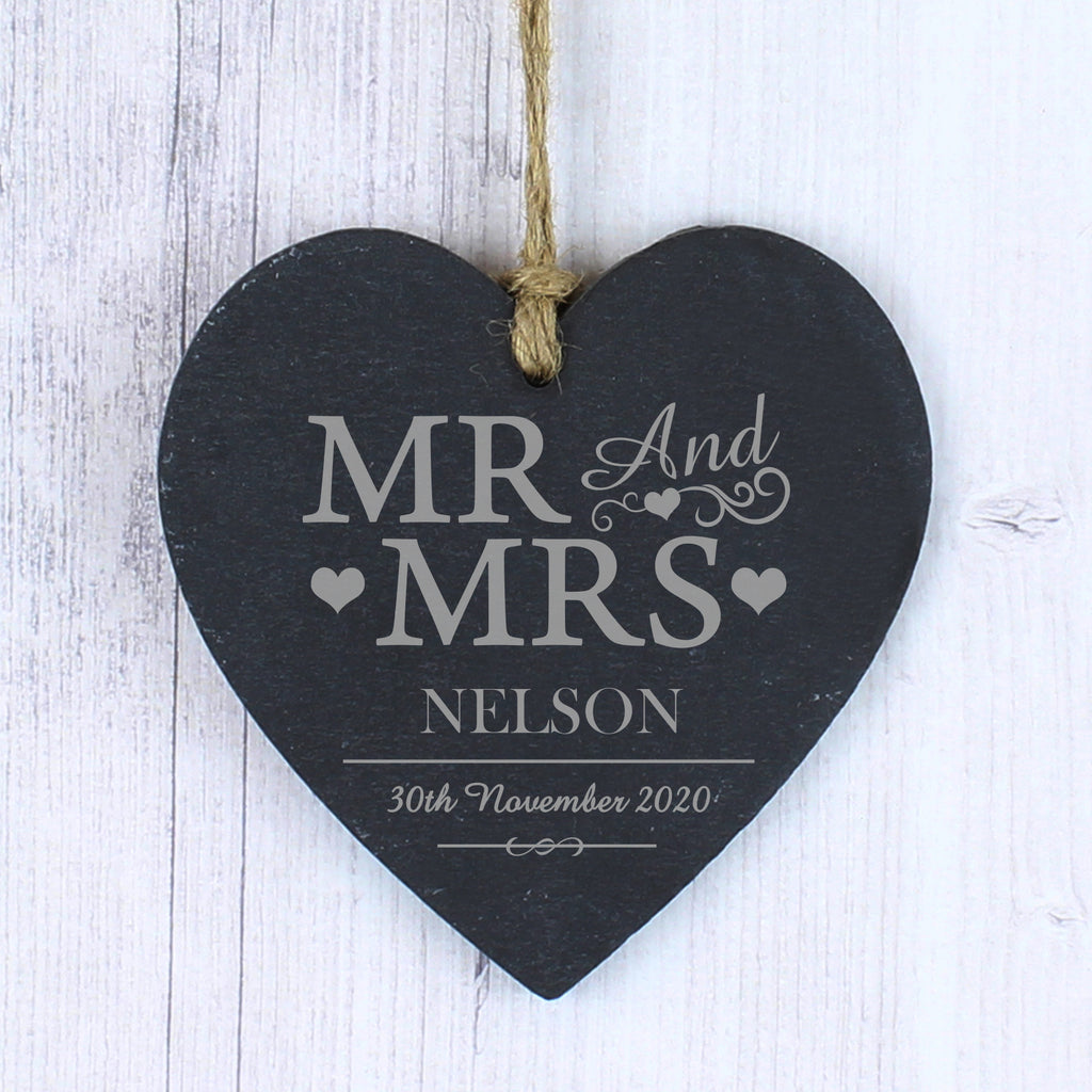 Personalised Mr & Mrs Slate Heart Decoration - Buy Hanging Decorations & Signs at GiftMasters.co.uk