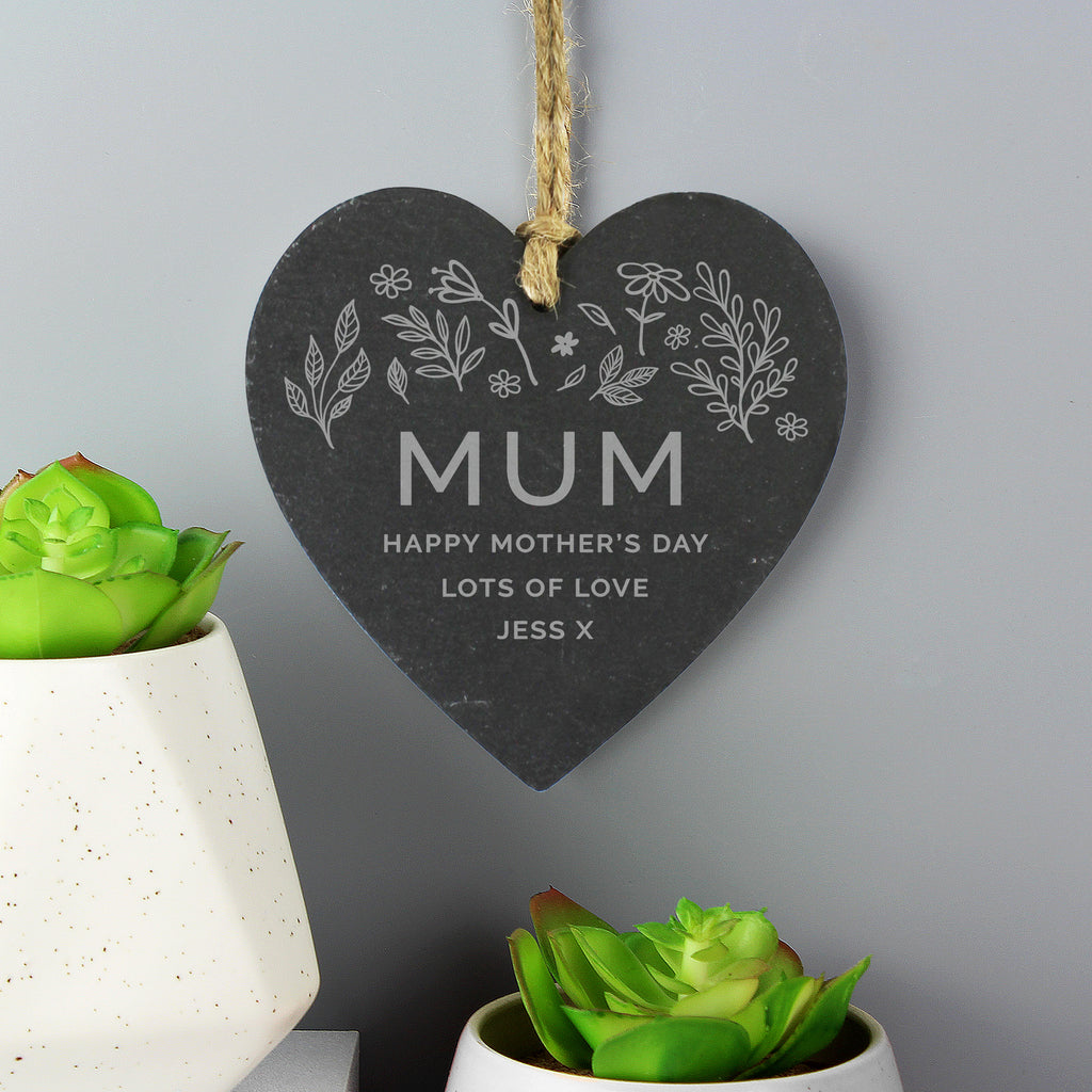 Personalised Engraved Botanical Slate Heart Decoration - Buy Hanging Decorations & Signs at GiftMasters.co.uk