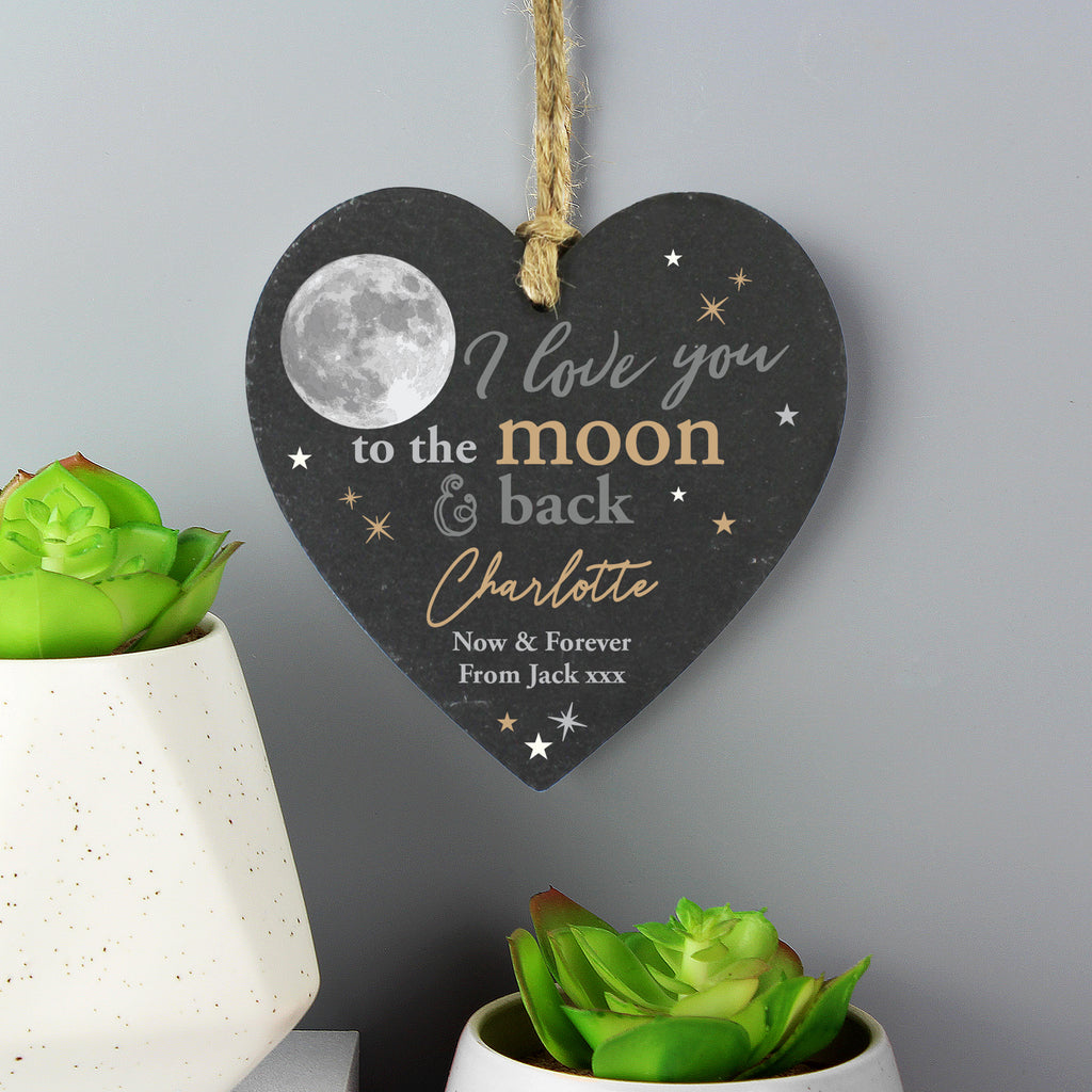 Personalised Moon and Back Slate Heart Decoration - Buy Hanging Decorations & Signs at GiftMasters.co.uk