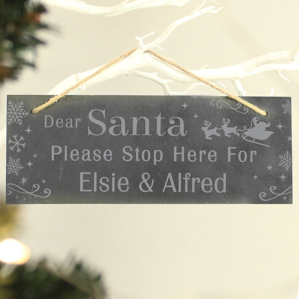 Personalised Santa Please Stop Here... Hanging Slate Sign - Buy Christmas Decorations at GiftMasters.co.uk