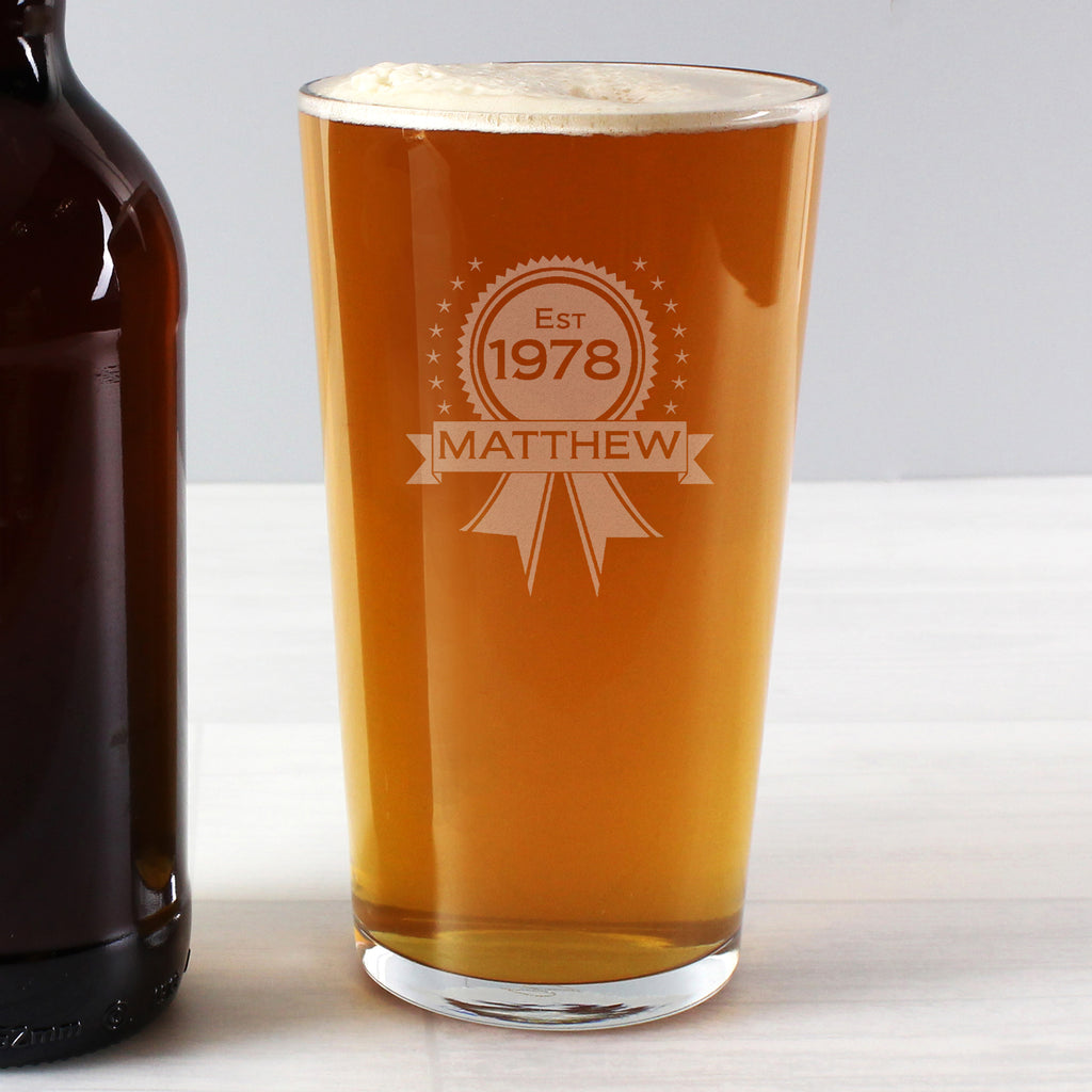 Personalised Established Rosette Pint Glass - Buy Glasses & Barware at GiftMasters.co.uk