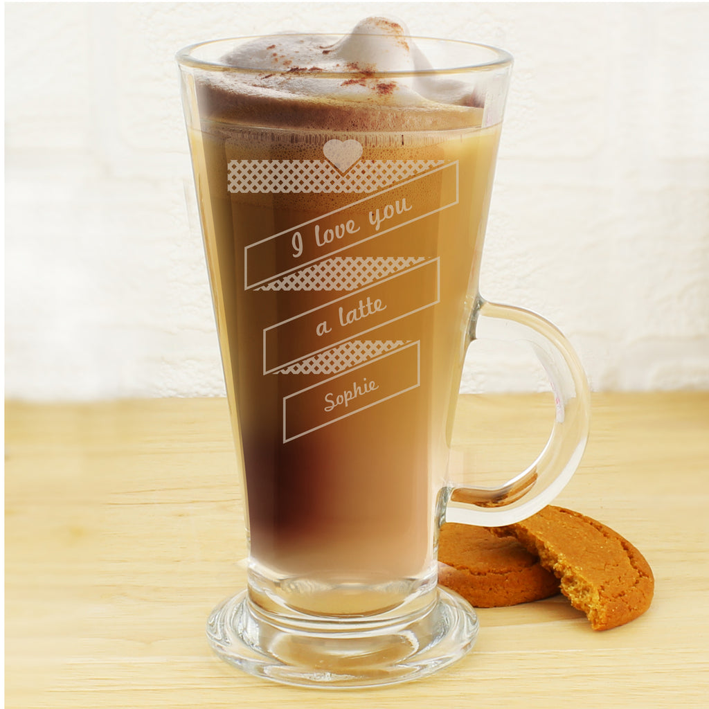 Personalised Heart Banner Latte Glass - Buy Glasses & Barware at GiftMasters.co.uk