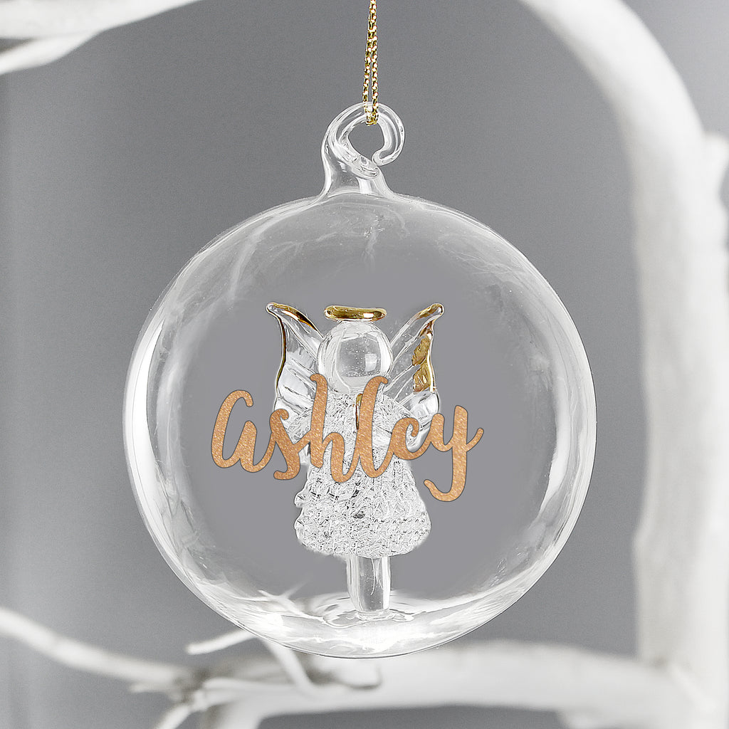 Personalised Gold Glitter Name Only Angel Glass Bauble - Buy Christmas Decorations at GiftMasters.co.uk