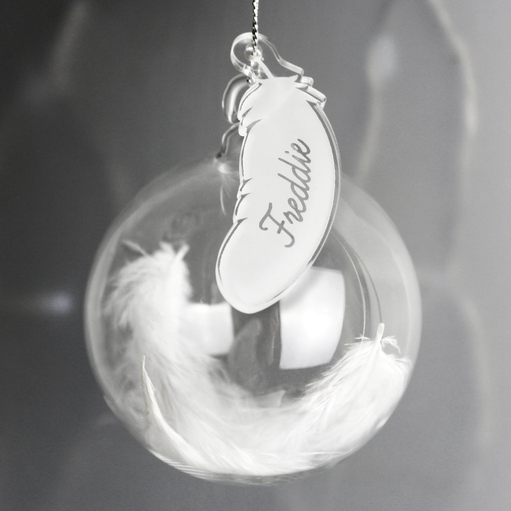 Personalised White Feather Glass Bauble - Buy Christmas Decorations at GiftMasters.co.uk