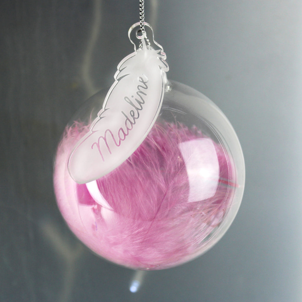 Personalised Pink Feather Glass Bauble - Buy Christmas Decorations at GiftMasters.co.uk