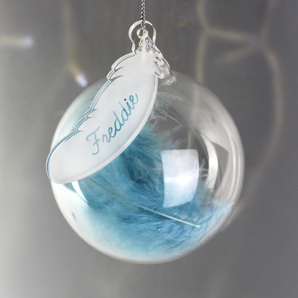 Personalised Blue Feather Glass Bauble - Buy Christmas Decorations at GiftMasters.co.uk
