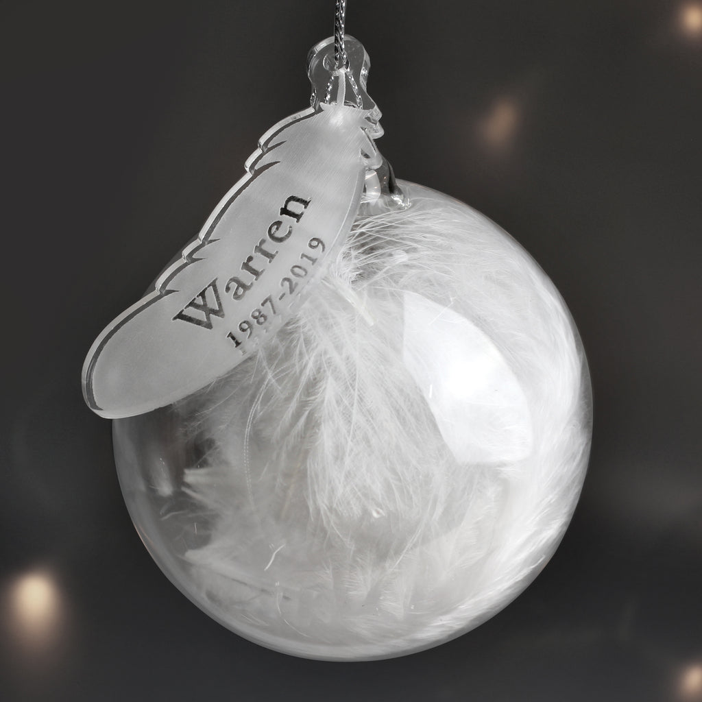 Personalised Name & Date Feather Glass Bauble - Buy Hanging Decorations & Signs at GiftMasters.co.uk