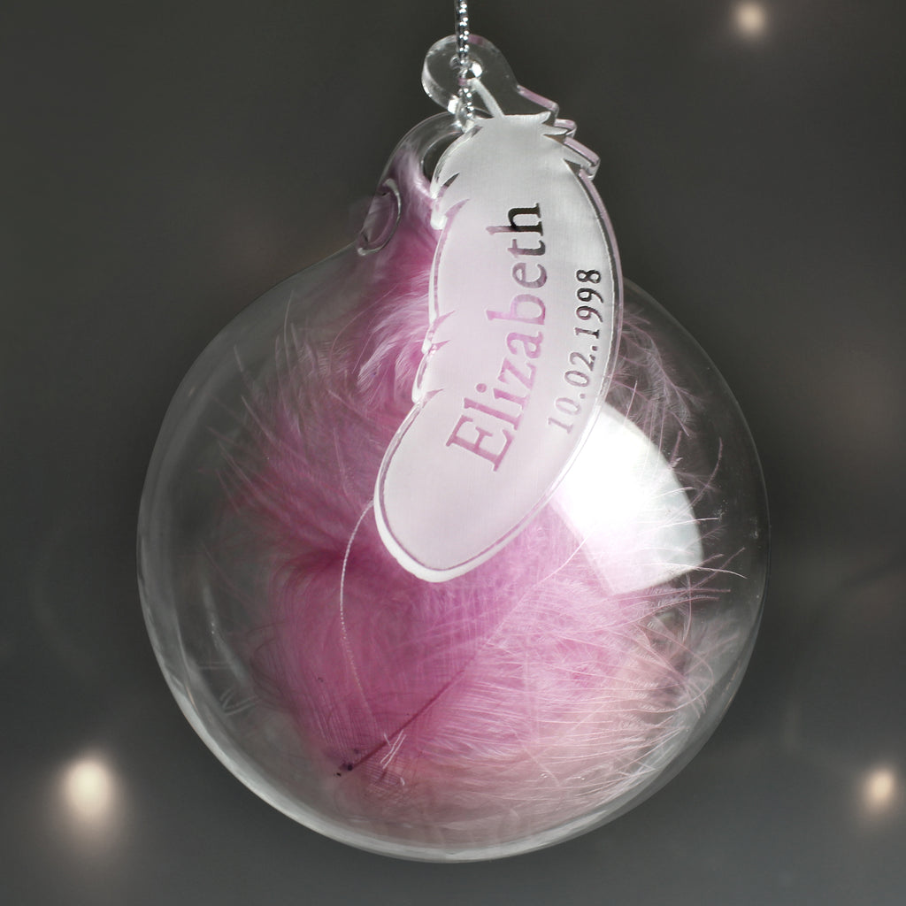 Personalised Name & Date Pink Feather Glass Bauble - Buy Christmas Decorations at GiftMasters.co.uk