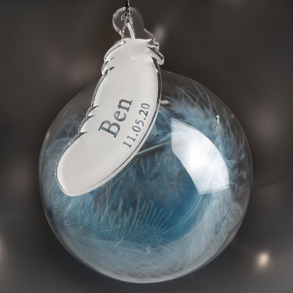 Personalised Name & Date Blue Feather Glass Bauble - Buy Christmas Decorations at GiftMasters.co.uk