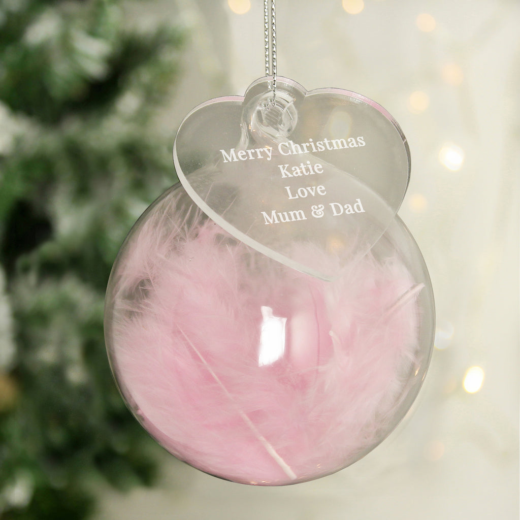 Personalised Free Text Pink Feather Glass Bauble With Heart Tag - Buy Christmas Decorations at GiftMasters.co.uk