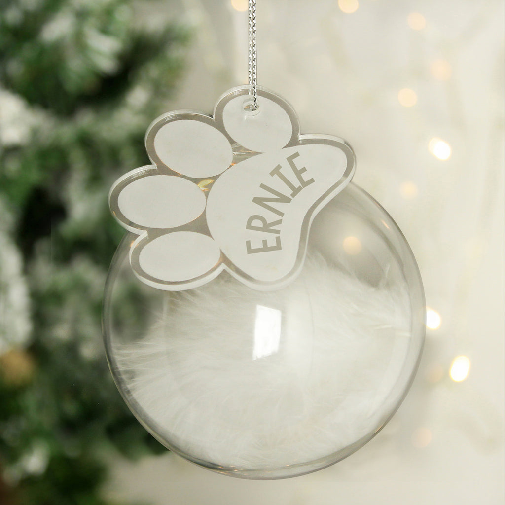 Personalised Pets White Feather Glass Bauble With Paw Print Tag - Buy Christmas Decorations at GiftMasters.co.uk