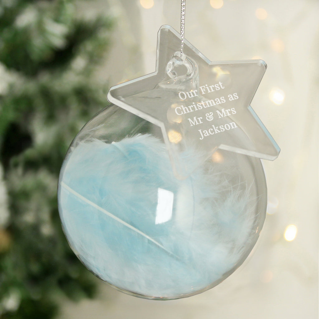 Personalised Free Text Blue Feather Glass Bauble With Star Tag - Buy Christmas Decorations at GiftMasters.co.uk