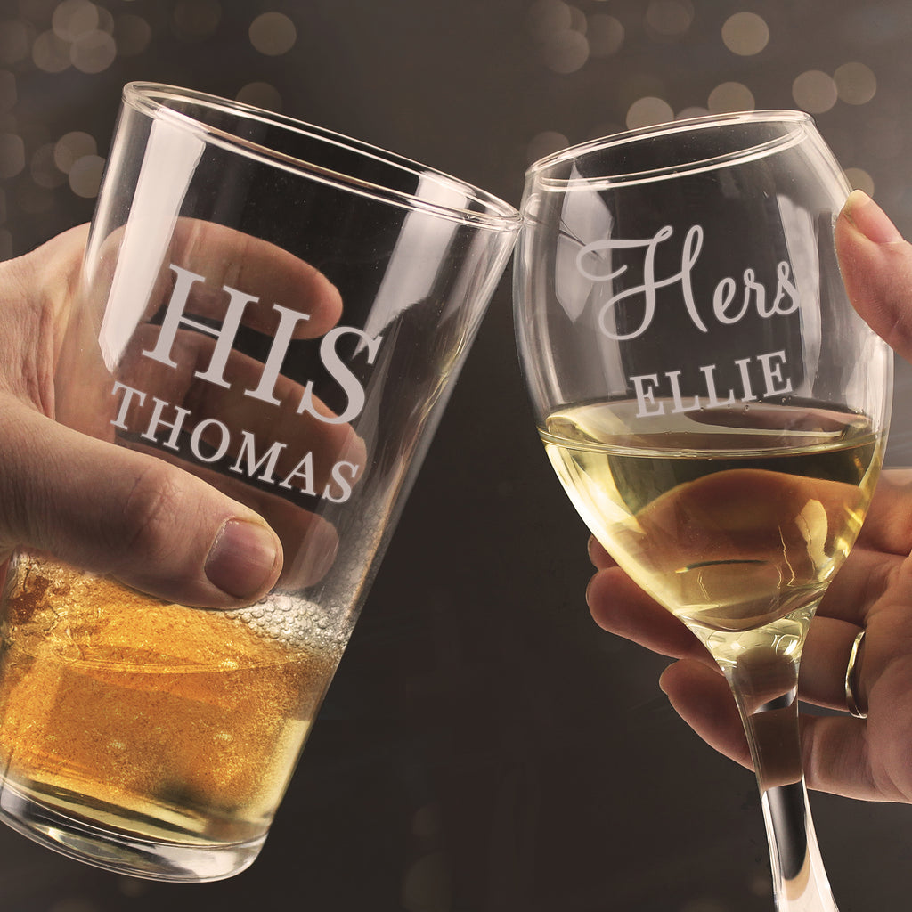 Personalised His & Her Pint and Wine Glass Set - Buy Glasses & Barware at GiftMasters.co.uk