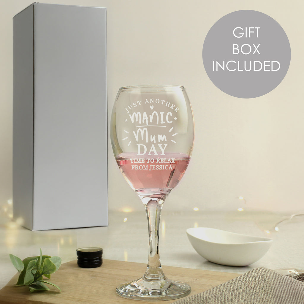 Personalised Manic Mum Day Wine Glass - Buy Glasses & Barware at GiftMasters.co.uk