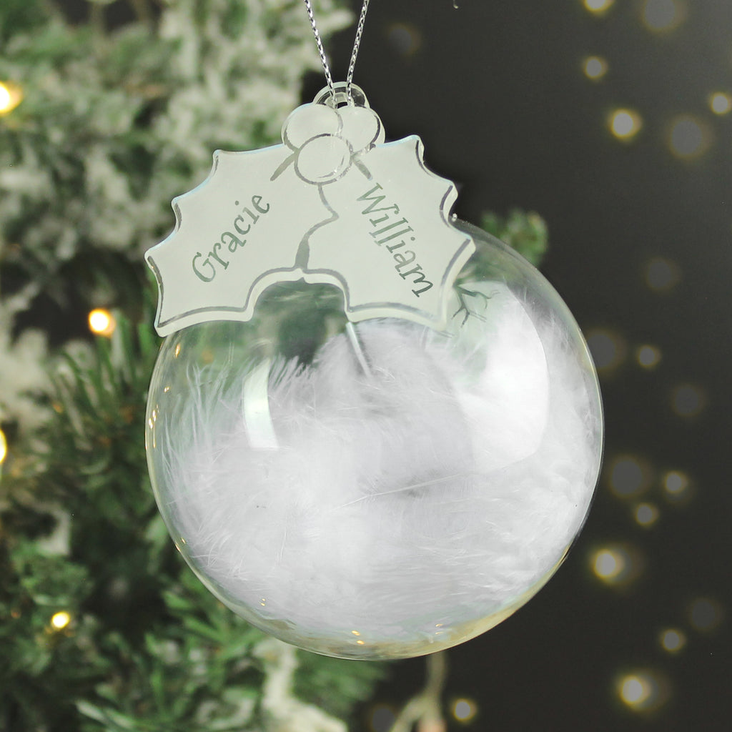 Personalised Holly Acrylic White Feather Bauble - Buy Hanging Decorations & Signs at GiftMasters.co.uk