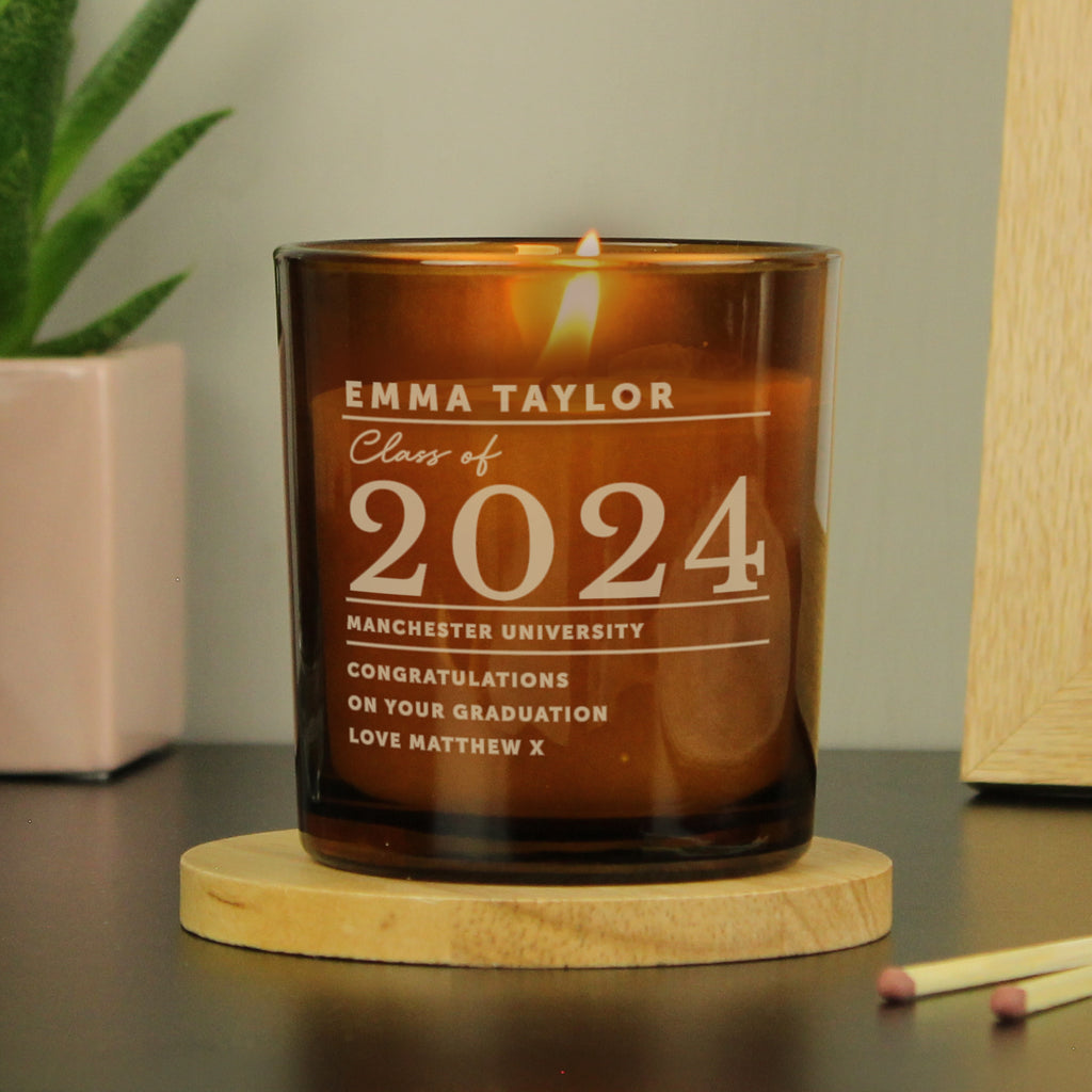 Personalised Graduation Amber Glass Candle - Buy Candles & Reed Diffusers at GiftMasters.co.uk