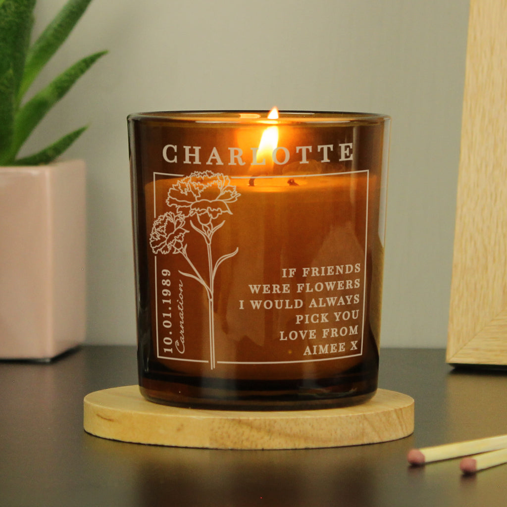 Personalised January Birth Flower Amber Glass Candle - Buy Candles & Reed Diffusers at GiftMasters.co.uk