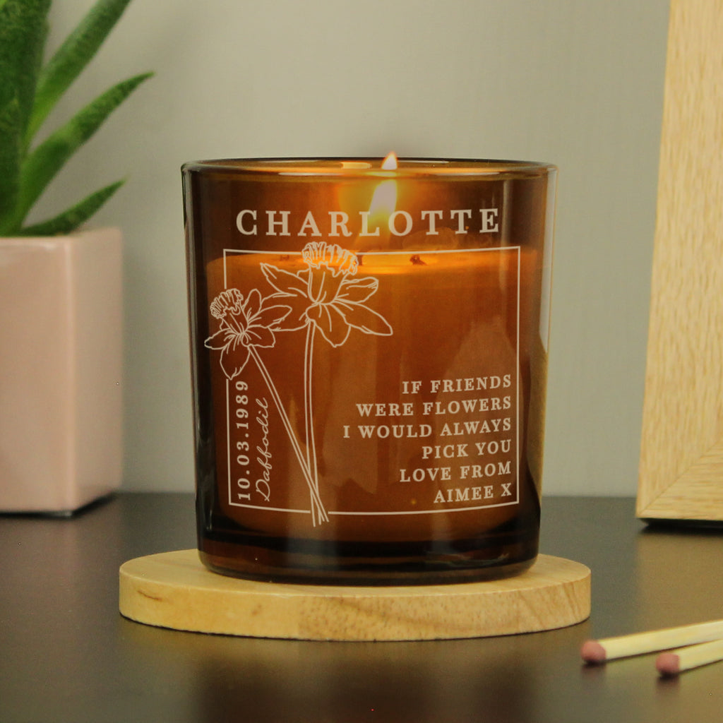 Personalised March Birth Flower Amber Glass Candle - Buy Candles & Reed Diffusers at GiftMasters.co.uk
