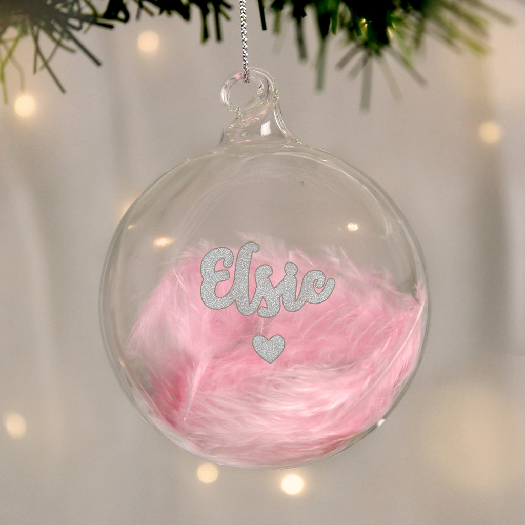 Personalised Pink Feather Silver Heart Glass Bauble - Buy Christmas Decorations at GiftMasters.co.uk