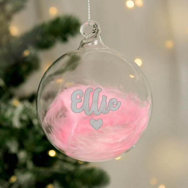 Personalised Pink Feather Silver Heart Glass Bauble